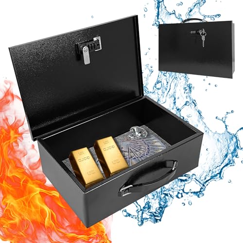YIYITOOLS Feuerfeste Schlossbox für Dokumente, feuerfest, sicher und feuerfest, mit doppelter Kombination und Schlüsselschloss, Dokumentenbox mit Tragegriff für persönliche Gegenstände, Schmuck, Geld,