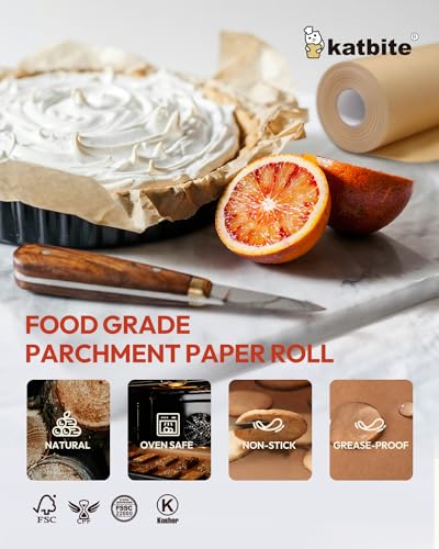 Katbite 15in x 242ft, 300 Sq.Ft Unbleached Parchment Paper Roll for Baking, Parchment Baking Paper with Serrated Cutter, Non-stick Longer Parchment Roll for Cooking, Air Fryer, Steaming, Bread