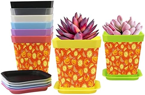 Succulents Pot Planter with Drainage and Trays, Garden Flower Pots for Indoor Plants, 8 Pieces Outdoor Plastic Plant Seed Starting Pots Yellow Orange Clementine
