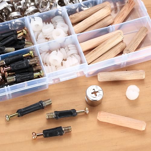 QJKEJI 100 Stk Exzenter Möbelverbinder Schrankverbinder, inkl Excenterbeschläge Einschraubdübel, Kunststoffmuttern, Nockenbeschlag, Holzdübel, Befestigungsschrauben Set für Möbel Kabinett.