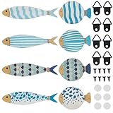 Conception exquise:comprend 2 décoration murale de poisson de formes différentes, 4pcs / style, palette de couleurs bleu et blanc à pois, rayures, motif en écailles de poisson et autres motifs, plein d'atmosphère océanique fraîche, très adapté au style balnéaire d'été, thème nautique de la décoration intérieure