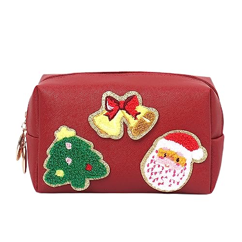 Miss or Miss Preppy Patch Christmas Makeup Bag Travel Cosmetic Bag Waterproof PU Leather Portable Organizer Toiletry Bag for Girls, Women Gift Red