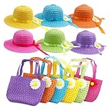 Vafon 6Sets Girls Tea Party Straw Sun Hat and Purse Sets Kids Child Birthdays Easter Party Daisy Flower Sunflower Summer Beach Cap Travel Gift Assorted Colors (6Color)