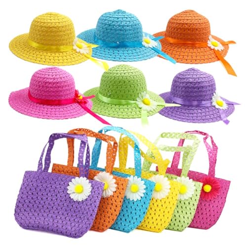 Vafon 6Sets Girls Tea Party Straw Sun Hat and Purse Sets Kids Child Birthdays Easter Party Daisy Flower Sunflower Summer Beach Cap Travel Gift Assorted Colors (6Color)