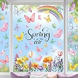 KIMOBER 8 Sheets Spring Window Clings,67pcs Watercolor Butterfly Floral Designs Reusable Double-Sided Window Decals Stickers for Home Office Glass Door