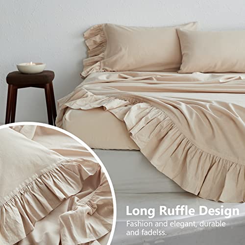 King Linens Belgian Linen Sheet Set with Long Ruffles 4pcs (1 Flat Sheet, 1 Fitted Sheet & 2 Pillowcases) Solid Shabby Vintage Chic Country Style Frilled Farmhouse Bed Sheet (Long-Linen, Queen)