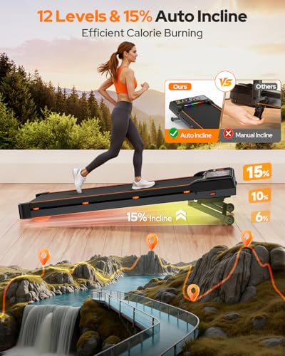 Image of Walking Pad Treadmill with 15% 12-Level Auto Incline, 450 lbs Capacity UI Screen, Trisomy 3.5HP Quiet Under Desk Treadmill with Speaker & Remote, Compact Treadmills for Home Hiking