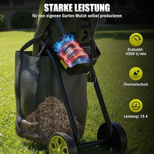 Bild 5 - Gartenhäcksler,Häcksler Garten mit 45L Fangbox,Gartenhäcksler elektrisch leise robust wartungsarm, Starke 2500 Watt, Aststärke bis 44mm, Transporträder,Stopfer