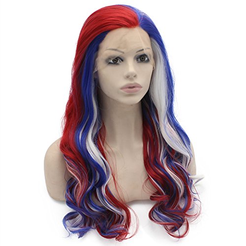Miniatura 4 de Mxangel Peluca larga ondulada con encaje frontal azul, rojo y blanco, mezcla colorida para fiesta de cosplay