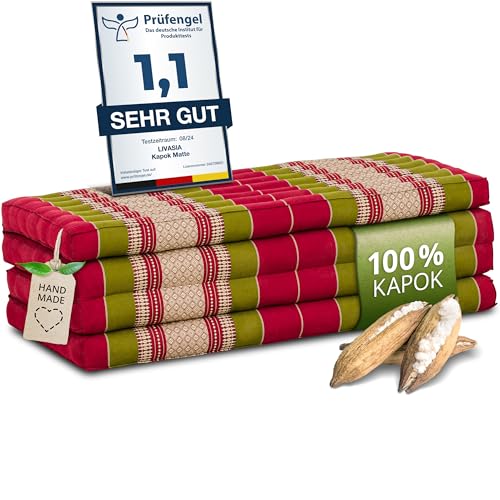 Preisvergleich Produktbild livasia Nachhaltige Klappmatratze aus Kapok - 200x110x8cm - breite Gästematratze, Faltbare Matratze, ökologische Yogamatte, klappbares Gästebett, Liege für Garten und Balkon (Rot / Grün)