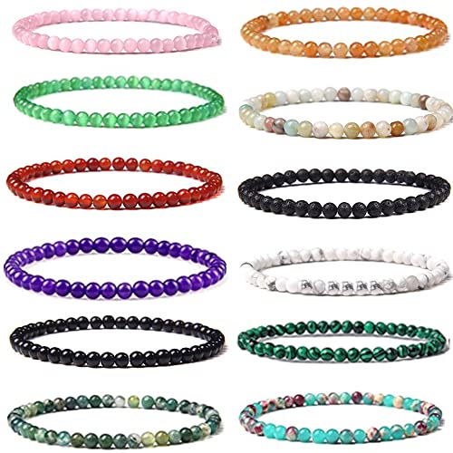 MOZAKA 12Pcs 4mm 6mm 8mm Gemstones Beaded Bracelets for Men Women Stone Bead Healing Stretch Round Bead Crystal Semi-Precious Bracelets Unisex