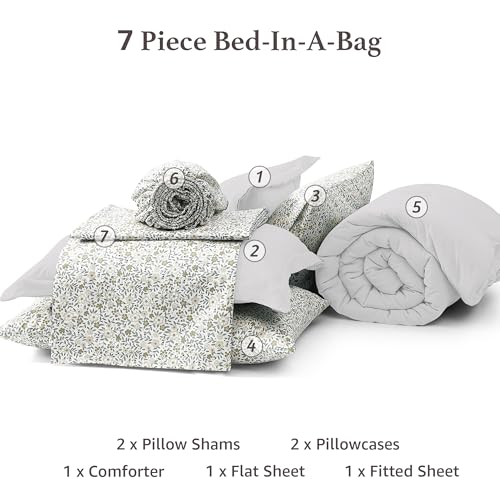 Image of Monbix Full Size Comforter Sets-7 Pieces Soft Bed in a Bag Full Bedding Set | All Season White Prewashed Comforter Bed Set with Striped Sheets, Pillowcases & Shams