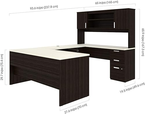 Miniatura 3 de Bestar Ridgeley - Escritorio ejecutivo en forma de U con pedestal y cabaña 65 W color chocolate blanco Chocolate scuro, Blanco (White Chocolate)