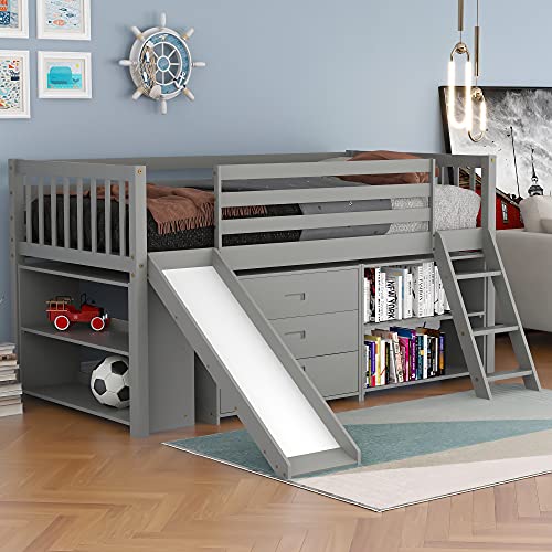 Loft Bed With 3 Drawers, 4 Shelves, Convertible Slide And Ladder, Twin Size Loft Bed For Family, Teens, No Box Spring Needed #TOP11