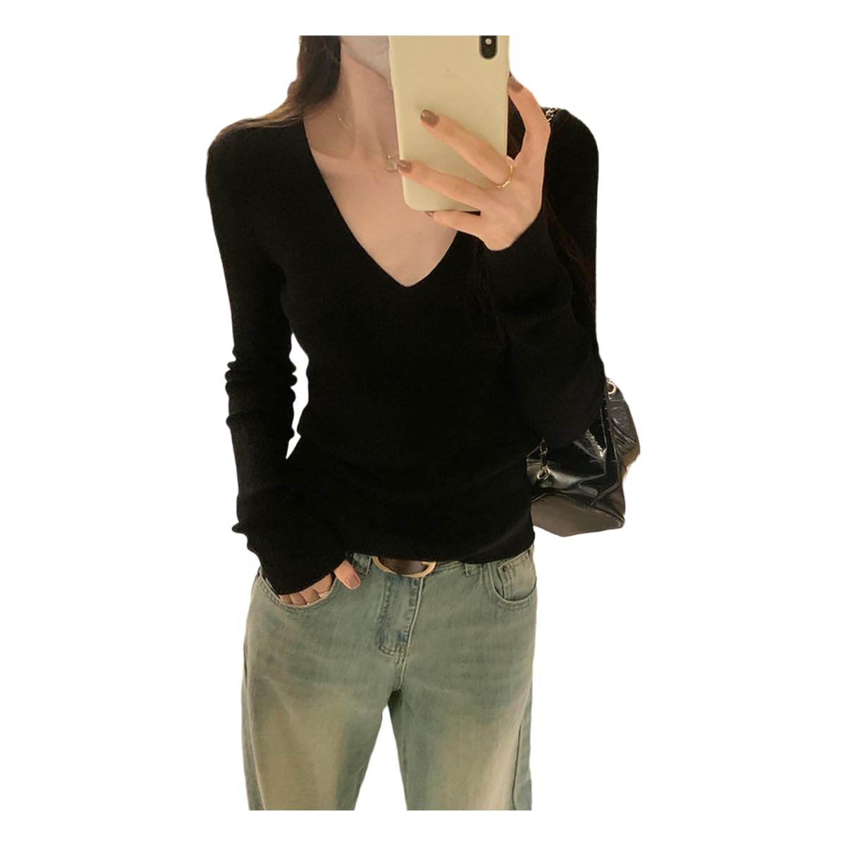 sous-vêtement Thermique Pull d'automne Et d'hiver À Col en V Long Manches Longues avec Une Chemise De Base pour Les Femmes-Noir-m