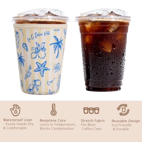 Image of Reusable Insulated Sleeve for Iced Coffee Cup, Coffee Neoprene Sleeve for Cold & Hot Drinks, Beverage Holder for Iced Coffee (Coastal Blue, Small: 16-18oz)
