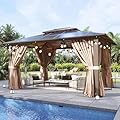 Aoxun 10'x12' Hardtop Gazebo, Aluminum Frame Permanent Pavilion, Outdoor Polycarbonate Gazebo, Double Roof Canopy, and LED Outdoor Waterproof Hanging Lights