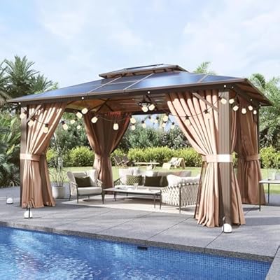 Aoxun 10'x12' Hardtop Gazebo, Aluminum Frame Permanent Pavilion, Outdoor Polycarbonate Gazebo, Double Roof Canopy, and LED Outdoor Waterproof Hanging Lights