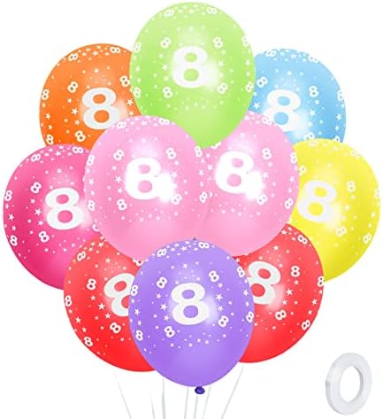 8th Birthday Balloons, 12" Multicoloured Numbers Printed Latex Age Balloons, Birthday Digit Balloons 8 for Girls Boys 8 Year Old Birthday Decorations, 8th Anniversary Party Supplies (Pack of 10)