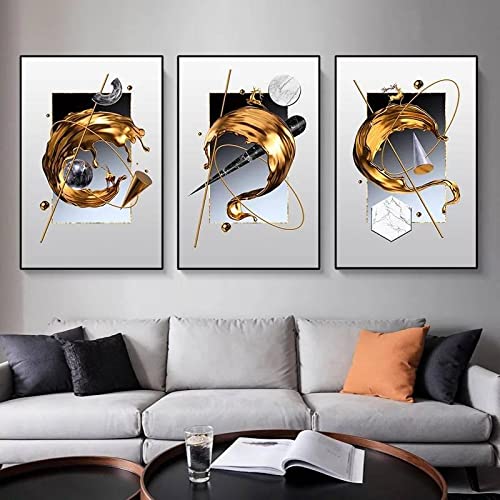 Toile peinture salon pour habiller un mur vide avec 3 tableaux modernes dorés
