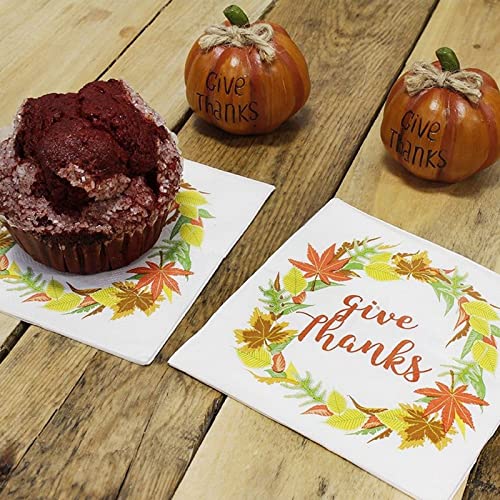 100 Pack Give Thanks Thanksgiving Cocktail Napkins, Fall Leaves Wreath Design (5 X 5 In) #TOP3