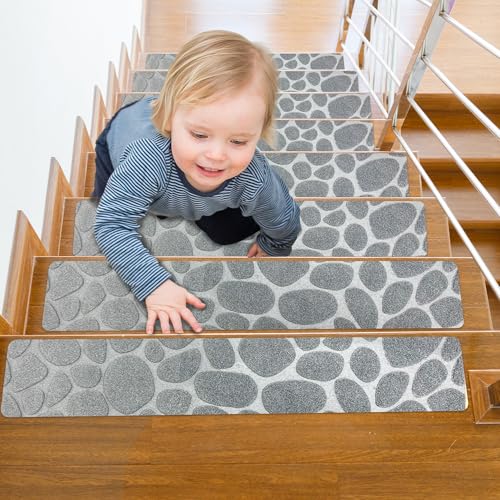 Self Adhesive Residue Free Machine Washable Reusable Stair Treads Non Slip Steps - 100% Polyester Heavyduty TPE Backing Wooden Stair Runner Indoor - 15 Pack 30