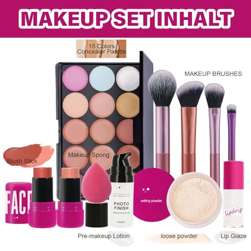 Make Up Set, Schminke Geschenk Set für Frauen, 8 Stück All In One Make Up Sets, Starter Kosmetik-Set Inklusive Lip Glaze, Loose Powder, Primer Makeup, 15 Farben Concealer Palette und Rouge Stick – Bild 3