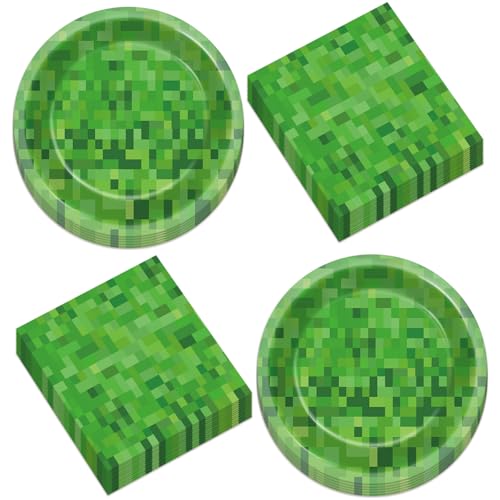 50 PCS Pixel Party Plates and Napkins Decoration Pixel Theme Disposable Birthday Party Tableware Set Includes Video Game Paper Plates Set and Video Game Napkins Gamer Supplies Server 25 Guests