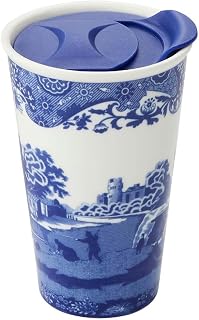 Blue Italian 8oz Porcelain Travel Mug with Lid – Scenic Patterned Drinkware with Decorative Border - Portable Ceramic Coffee Cup for Brunch, Tea, On-the-Go Hot Beverage Moments