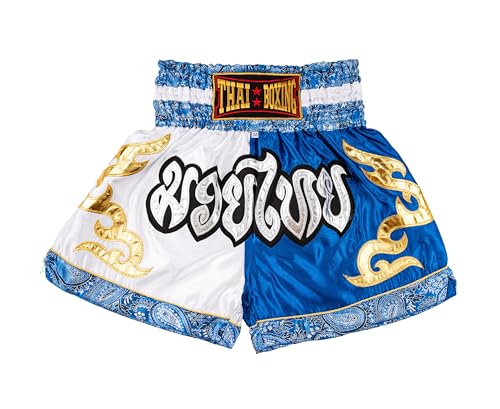 MUAY NATION Shorts de Boxe Thaï pour Hommes et Femmes, Shorts de Muay Thai, vêtements d'entraînement, Short d'arts Martiaux (FR/ES, Alpha/Lettres, L, Taille Normale, Taille Normale, Blanc/Bleu)