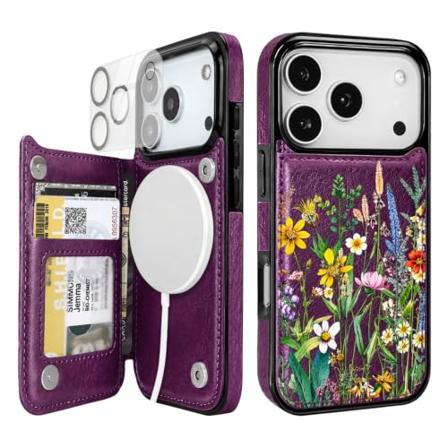 uCOLOR for iPhone 17 Pro Wallet Case MagSafe Card Holder Burgundy Flowers