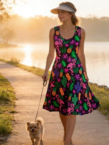 Image of uideazone Women Funny Print Sleeveless U Neck A Line Casual Midi Dress | Soft Stretchy Breathable Fabric Flared Swing Sundress Fitted Waist for Daily Wear 80 /90s Themed Party Beach Vacation Trips