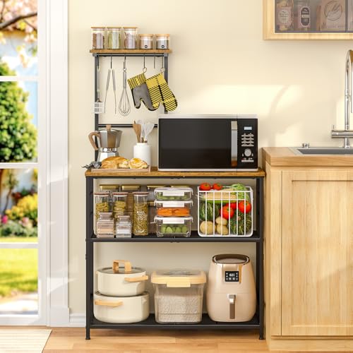 3IngSeagulls Bakers Rack with Storage, Kitchen Microwave Stand with Adjustable shelf and 6 S Hooks, 4-Tier Coffee Station Table, Kitchen Shelves for Spices, Pots, Rustic Brown - view 2