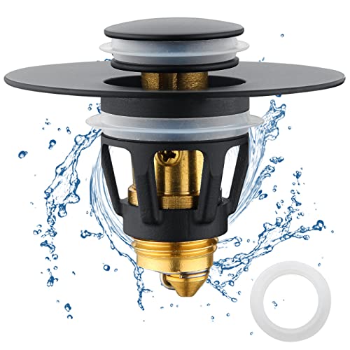 Black Bathroom Sink Drain Stopper, Sink Stopper Fits for 1.25" Drain Hole with 3 Rubber Rings, Anti Clogging Pop up Drain Filter Plug, Wash Basin Strainer with Basket, Matte Black