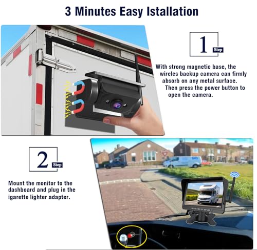 Image of Dual Magnetic Solar Wireless Backup Camera 7 inch Monitor-Max4 Channels DVR Looping 1080P 9600Amh Rechargeable Suitable for Truck Trailer Semi RV Camper Rear View Camera Easy Install (2 Camera)