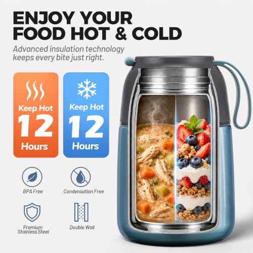 Image of Insulated Thermo Food Jar for Hot & Cold Food for Kids Adult, 17 oz Soup Thermal Hot Food Containers for Lunch, Triple Layer Insulation Stainless Steel Food Jar with Spoon (Lightblue)