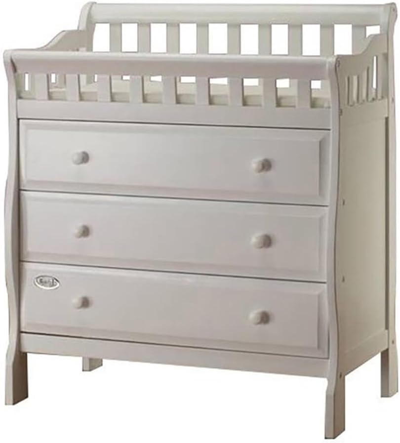 Pemberly Row Modern New Zealand Pine Solid Wood Changing Table, White Finish, 42.12" H x 36.14" W x 29" D, Safety Rail and Strap, Changing Pad Included, Spacious Drawers for Baby Essentials