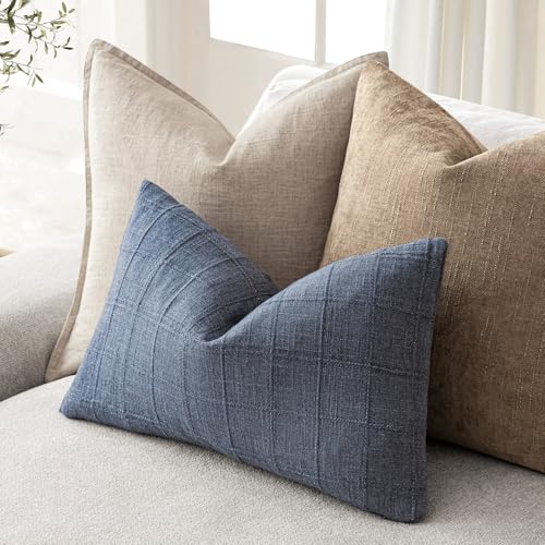 Image of Foindtower Set of 1 Decorative Linen Check Throw Pillow Cover Neutral Farmhouse Lumbar Cushion Cover Modern Coastal Boho Home Decor for Sofa Chair Couch Bedroom Living Room,12x20 Inch,Blue