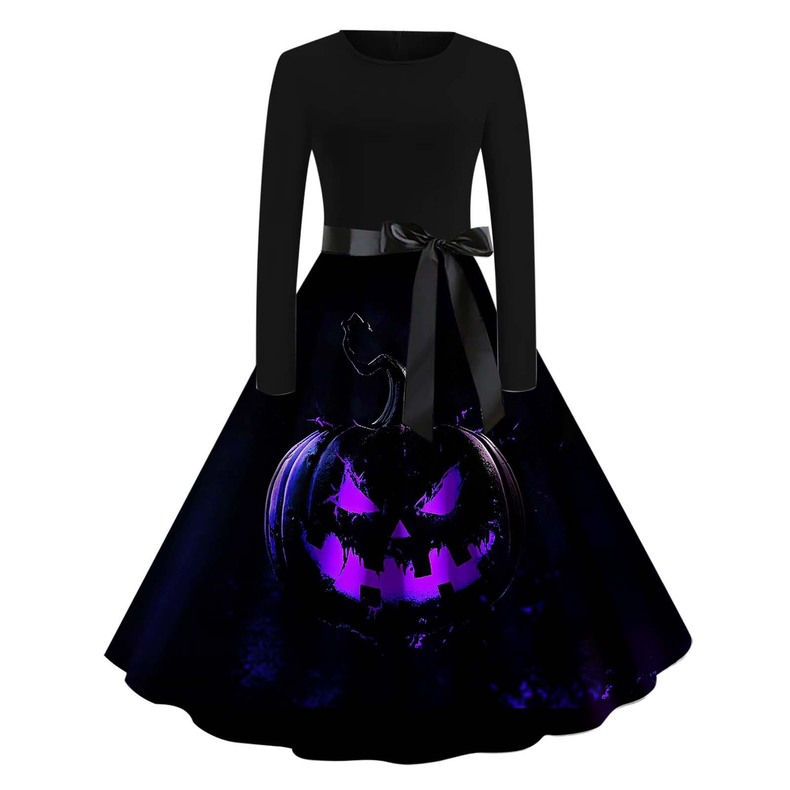 HAOLEI Halloween Costumes Adult Women, Ladies Halloween Dress Retro Pumpkin Skeleton Print Long Sleeve A Line Swing Dress Black Vintage Skull Witch Rockabilly Party Cocktail Novelty Dresses