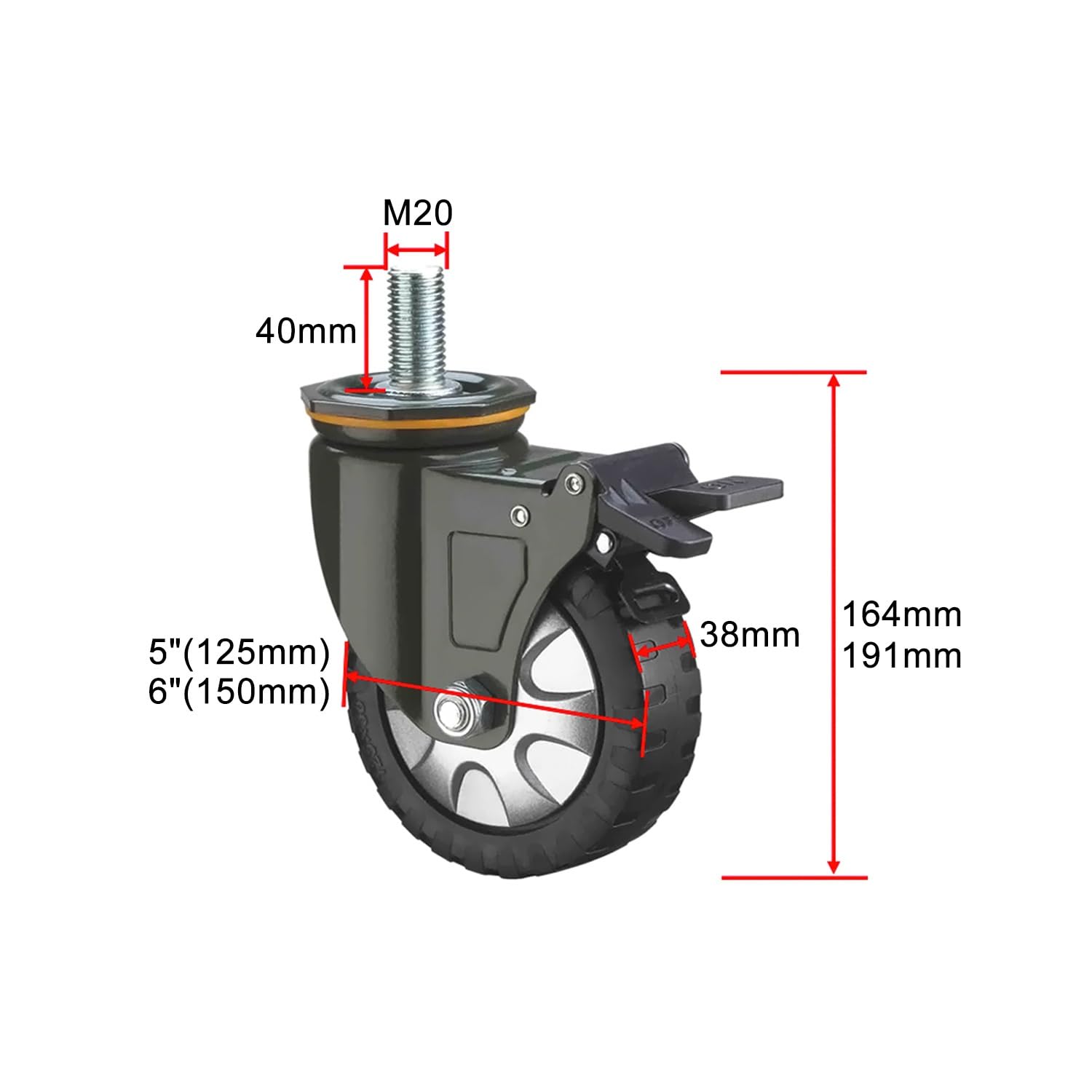 Obrotowe koła z gwintowanym trzpieniem M20, 125/150 mm Ciche koła PU z hamulcem, bez śladów, zestaw 4 (hamulce, 125 mm)