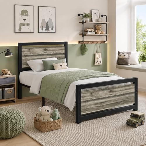 Image of Catrimown Twin Size Bed Frames, Twin Bed Frames with Headboard and Footboard, Heavy Duty Metal Twin Platform Bed Frame, Noise-Free, No Box Spring Needed, Easy Assembly, Wash Grey