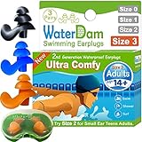 WaterDam Swimming Ear Plugs for Adults and Kids 14yr up – 3 Pairs Ultra Comfy Waterproof Earplugs, Prevent Swimmer's Ear (Black Blue Orange)