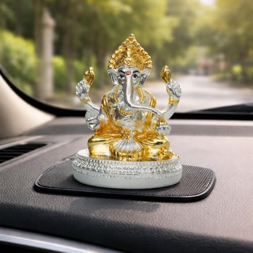 Image of Two-Tone Gold & Silver Plating Round Base Ganesha | dol for Home, Office,Car Dashboard & Gifting |Symbol of Success & Protection |Ganesh Murti for Prosperity & Blessings | Height 2.7 Inch