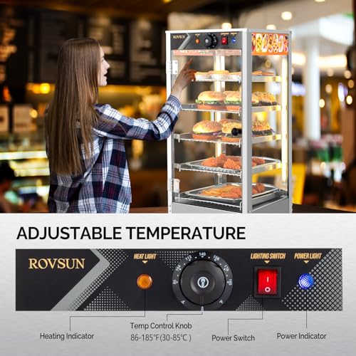 ROVSUN 5-Tier Commercial Food Warmer Pizza Warmer Countertop, Food Warmer Display with LED Lighting Removable Shelves Glass Door, Pretzel Warmer for Buffet Restaurant Cafe, 110V 800W