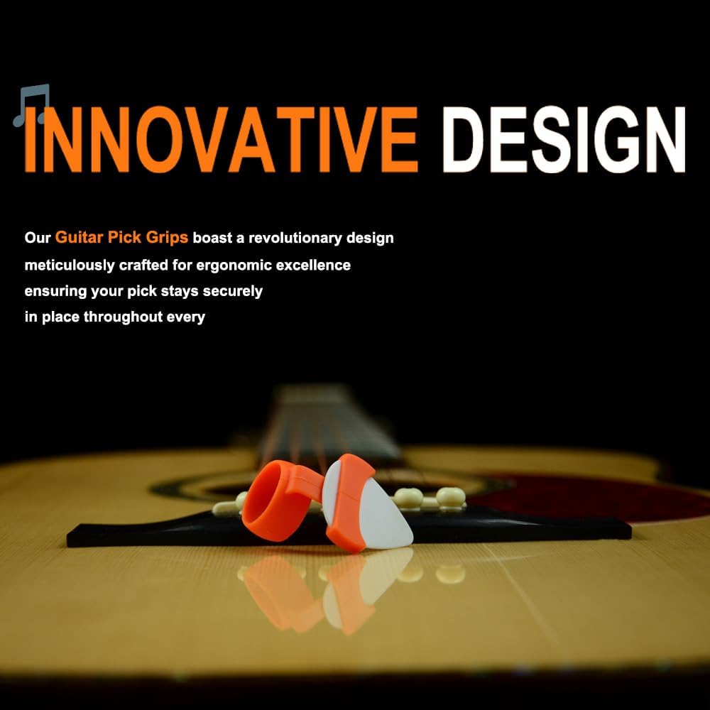 Ultimate Ergonomic Guitar Pick Grips – Durable Silicone for All Playing Styles – Includes 3 Multi-Thickness Picks (Thin, Medium, Thick)(M), Orange image 5