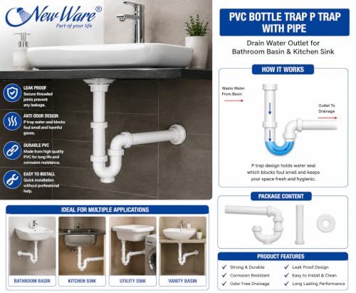 Image of NEW WARE PVC Bottle Trap P Trap with Extension Pipe for Wash Basin & Kitchen Sink | Bathroom Drain Water Outlet Waste Pipe | Anti Odor Leak Proof Waste Drain Pipe White