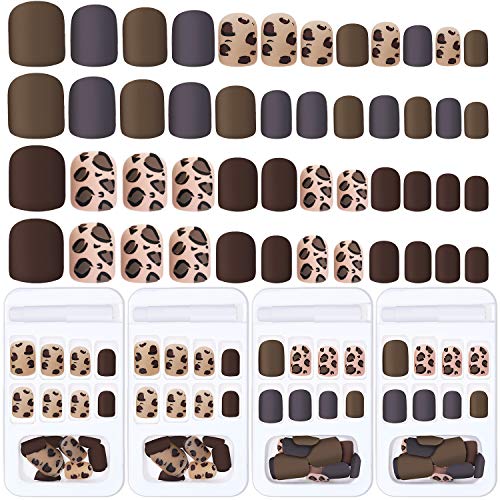 96 Pieces Matte Leopard Pattern Fake Nails Brown Square Coffin Fake Nails Full Cover Short Artificial Nail Tips with Nail Glue for Women Girls Nail DIY Decorations