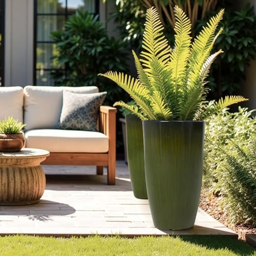 Worth Garden 23.5" H. Large Plastic Planters - Set of 2 Gradient Green Glossy Smooth Finish - Tall Plant Pots for Indoor & Outdoor Use - Decorative Lightweight Flower Pots for Front Porch, Patio, Deck - Image 6