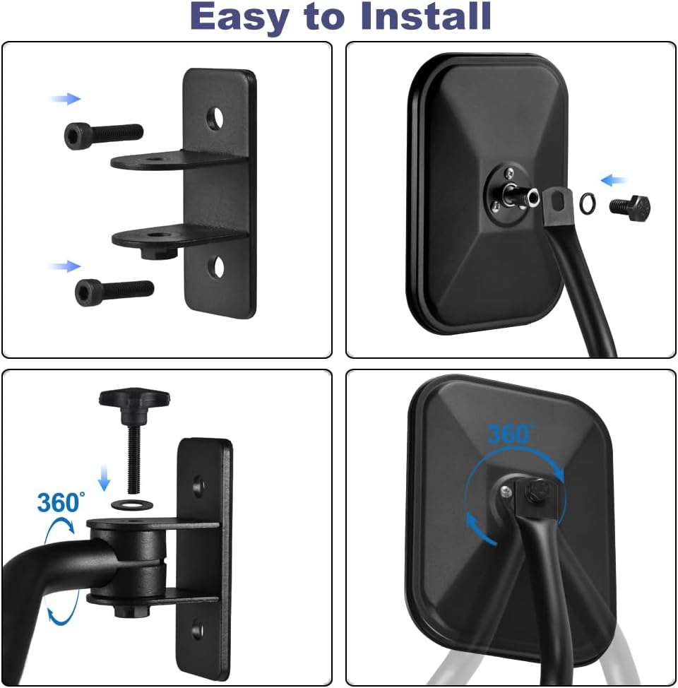 Square Side Mirror Compatible with 1997-2018 Jeep Wrangler TJ & JK JKU, No-Slip Stabilizer Base, Wider View Glass, Zero Vibration, Direct Bolt-On Replacement (Left+Right Set)