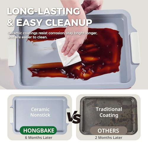 HONGBAKE Non Stick Ceramic Baking Tray Set of 3, Heavy Duty Aluminized Steel Oven Trays - PFOA/PTFE Free Baking Sheets for Oven with Silicone Handles, Professional Bakeware Set - Image 6
